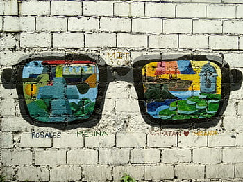 black, framed, multicolored, sunglasses painting, manila, filipino, grafitti, outdoor, wall, street, spray