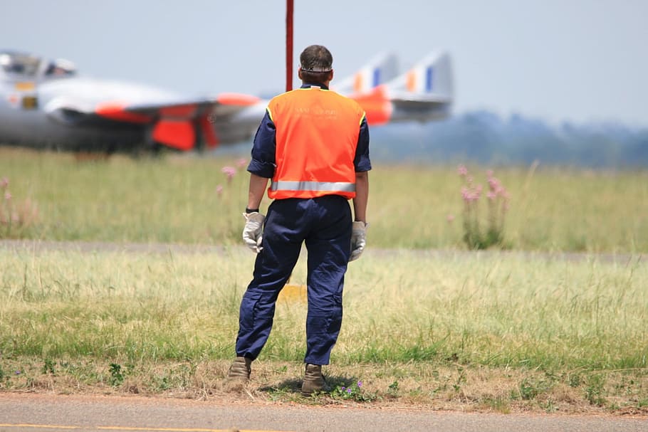 man, wearing, orange, high-visibility, vest, standing, green, grass, day, crew member, ground