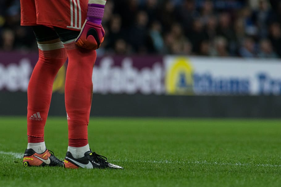 man, wearing, red, sock, soccer, football, footballer, goalkeeper, sport, match, player