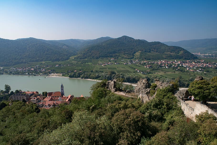 krajina, řeka, Příroda, nebe, les, Dunaj, wachau, zřícenina, dürnstein, dunajské oblasti, hora
