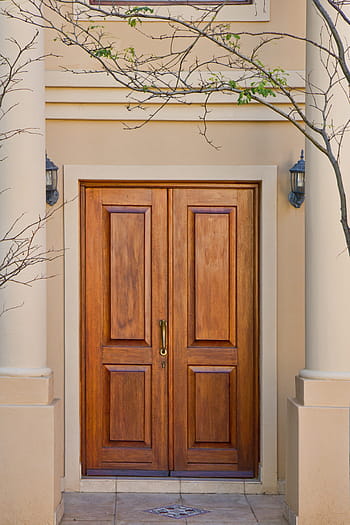 closed, brown, wooden, door, wood, real-estate, home, house, residential, entrance, architecture