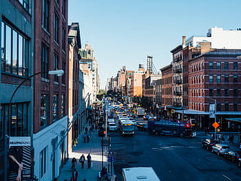 aerial, view, busy, street, cars, road, surrounded, buildings, city, streets, roads