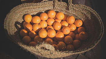 chomáč, pomeranče, proutěný koš, detailní, fotografie, hromada, proutěný, košík, oranžový, ovoce, jídlo