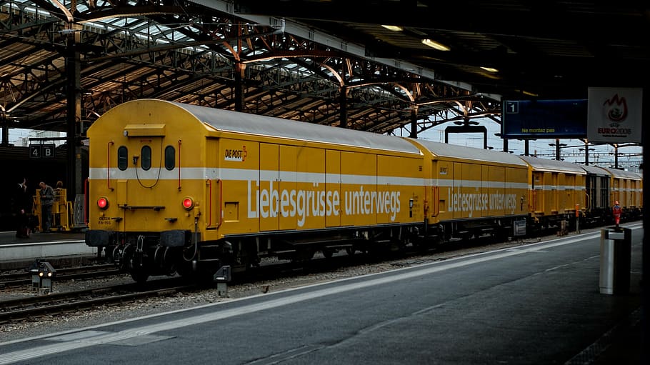 yellow, post, wagon, railway station, lausanne, switzerland, train, rail traffic, railway, city station, transport of goods