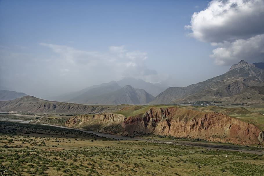 tajikistan, abe-e-panj river valley, valley, river, water, sky, clouds, the pamir highway, landscape, mountains, province of chalton