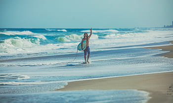 person, holding, surfboard, walking, shoreline, sea, ocean, blue, water, waves, nature