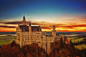 gothic, castle, germany, travel, tourism, sunset, colorful, orangesunrise, mountain, spire, field