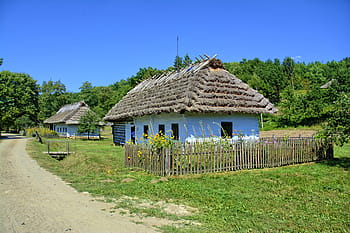 Sanoku, skanzen, venkovská chata, dřevěné kuličky, střechu, Polsko, starý, architektura, chalupa, sláma, muzeum