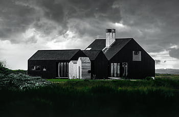 architektura, budova, Dům, vesnice, zelená, rostlin, Příroda, temný, mraky, nebe