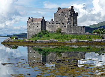 gray, castle, island, eilean donan castle, eilean donan, scotland, mirroring, water, clouds, masonry, landscape