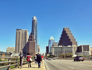 people, walking, bridge, skyline, cityscape, skyscrapers, austin, texas, usa, united states, us