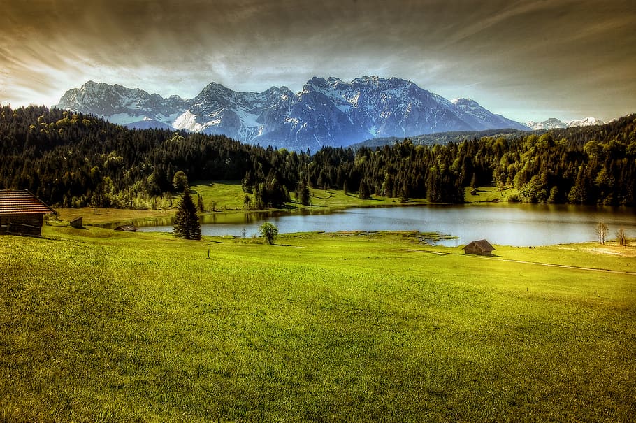 geroldsee, bavaria, les, Příroda, jezero, panoráma, nebe, krajina, vysokohorský, voda, hory