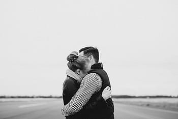 man, woman, hugging, people, hug, love, couple, women, outdoors, men, black And White