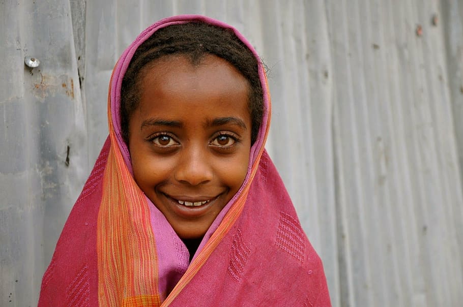 women, red, hijab headscarf, girl, africa, ethiopia, child, children, kids, face, smile
