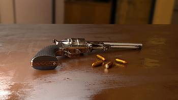 silver revolver, wooden, table, gun, bullet, pistol, shoot, weapon, 3d, handgun, crime