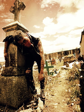 man, wearing, vest, leaning, tomb, zombie, death, cementary, halloween, horror, evil