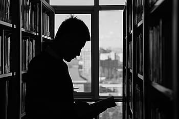 silhouette, uomo che legge il libro, biblioteca, pannelli di vetro, Pechino, bianco e nero, persone, leggere, profilo, solo un uomo, Solo uomini