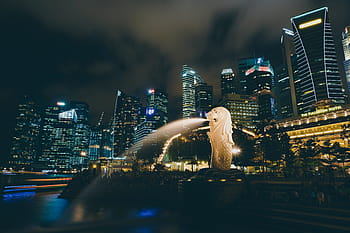 lev singapore, architektura, budov, infrastruktura, noc, světla, nebe, mrakodrap, věž, město, singapore