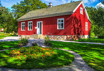 Červené, dřevěný, obklopen, stromy, Dům, skansen, Stockholmu, Švédsko, Skandinávie, Evropa, letní