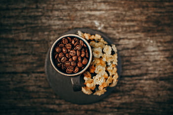 coffee, beans, table, wood, cup, flowers, food, drink, rustic, aroma, taste