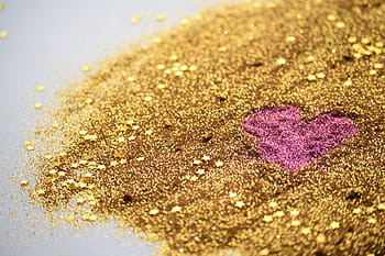 gold, pink, glitter, scattered, floor, heart, pretty girl, love, red, holiday, romance