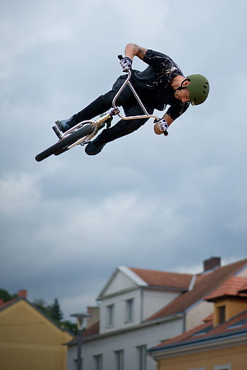 springen, bmx, stijl, ronde, sport, extreem, wielersport, rijden, de truc, een, jeugd