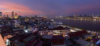 phnom penh, cambodia, panorama, sunset, riverside, river, aerial, asia, evening, light, landscape
