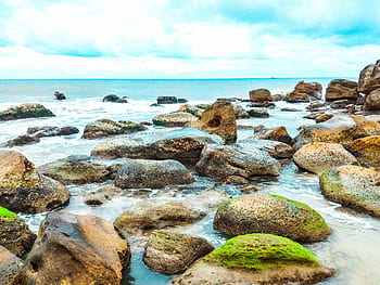 sea, rocks, blue, sky, clouds, beach, island, landscape, moss, nature, ocean