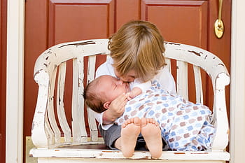 girl, kissing, baby, sitting, chair, brothers, boys, kids, newborn, love, family