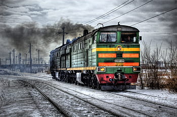 green, orange, locomotive, taken, daytime, diesel, russia, train, traffic, smoke, steam