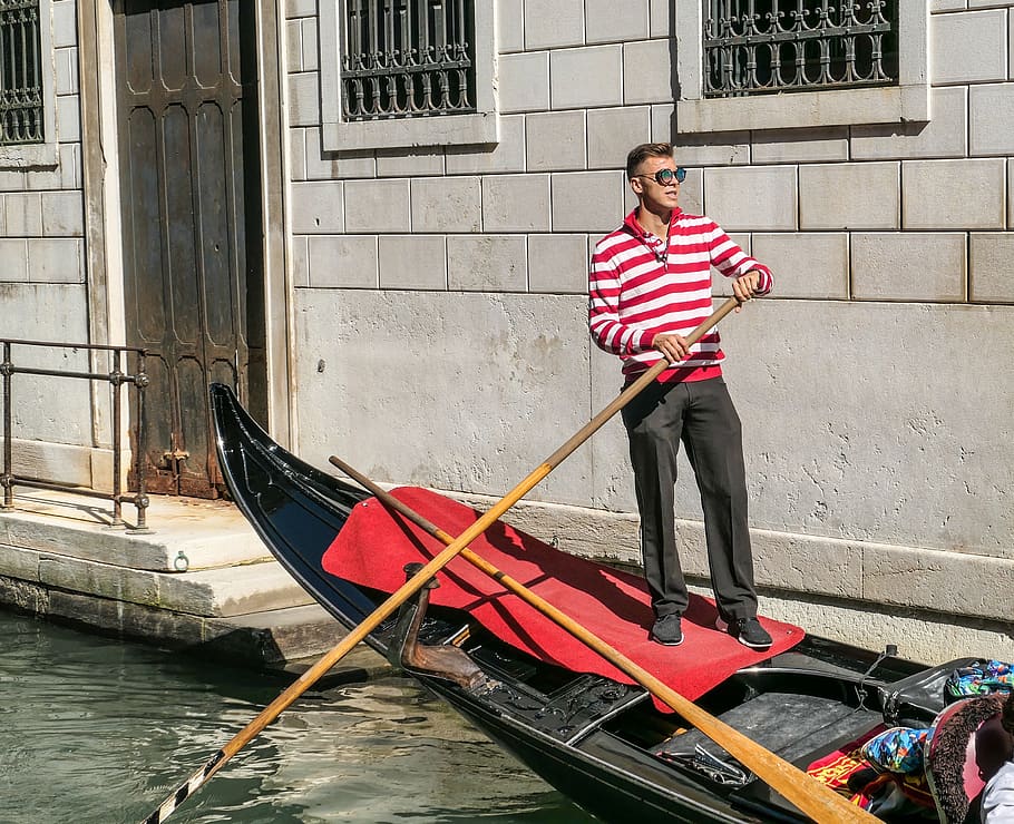 člověk, gondola, kanál, město, městský, Benátky, gondolier