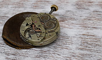 Foto, messingfarbene Skeletttasche, sehen, Ledertasche, Uhr, Taschenuhr, Bewegung, Uhrmacherkunst, alt, altmodisch, keine Leute