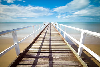 plajă, nisip, tropical, doc, dig, balustradă, lemn, ocean, mare, apă, cer