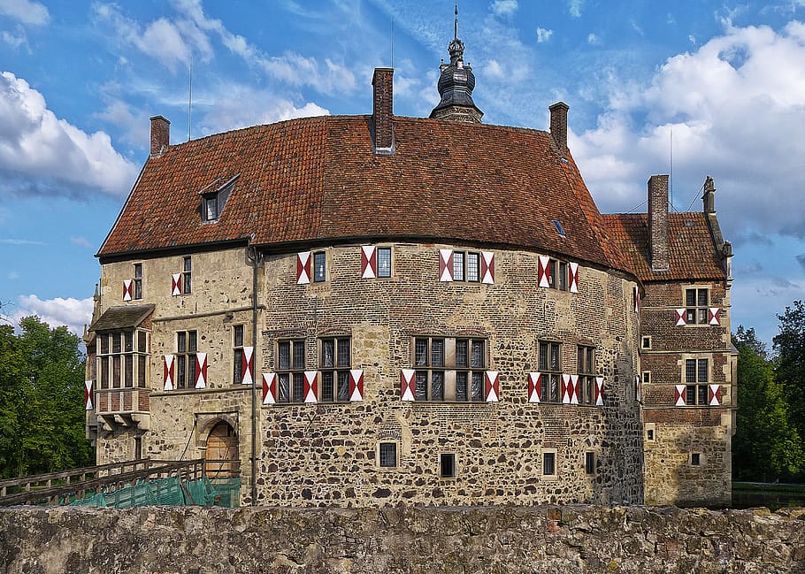 hrad, vodní hrad, hradní příkop, wasserburg, dobře, nížinný hrad, zámecký park, budova, münsterland, historicky, fasáda