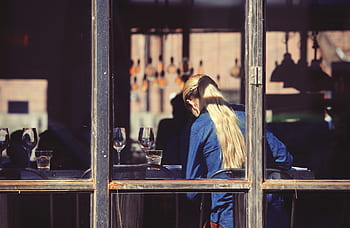 restaurant, waitress, waiter, server, blonde, long hair, girl, woman, people