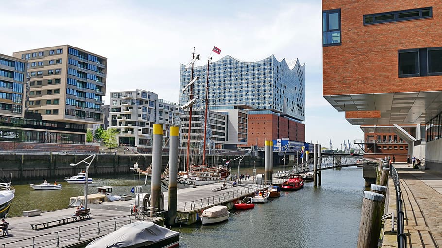 Hamburg, přístav, Labe, elbe philharmonic hall, námořní, mezník, panorama Hamburku, architektura, exteriér budovy, stavba, voda