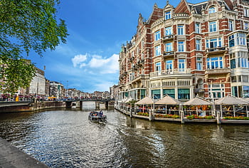 loď, kolem, výškové, budova, během dne, amsterdam, kanál, restaurace, Nizozemí, cestovní ruch, cestovat