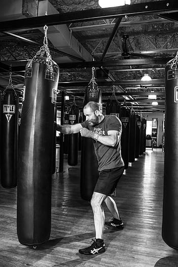man, wearing, black, shorts, leather, heavy, bag, boxer, boxing, fitness, training
