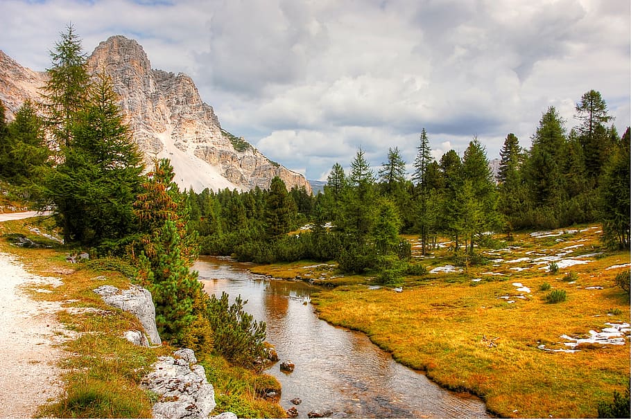 tělo, voda, les, hora, větráky, dolomity, hory, horské krajiny, krajina, fanes alm, turistika