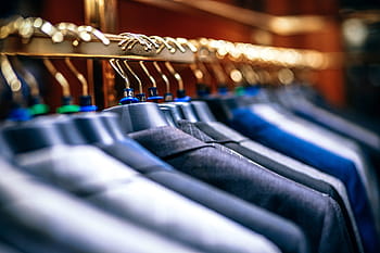 shallow, focus photography, suit jackets, hanging, clothes rack, hanger, clothing, department, store, shopping, mall