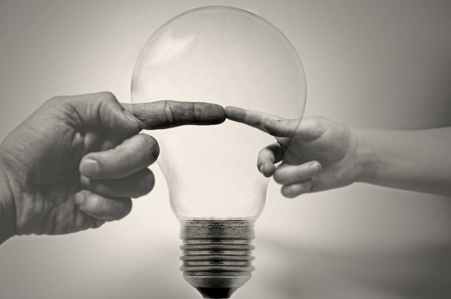 grayscale photo, human, finger, bulb, light, fingers, hands, hand, home, saving, light effect