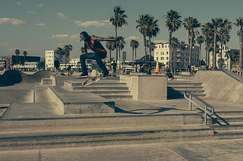 bruslař, skateboard, skatepark, kroky, zábradlí, slunný, palmy, stožár, triky, kickflip, skok