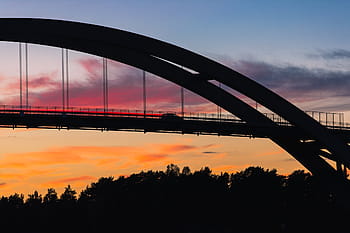 silhouette, car, bridge, sunset, black, architecture, infrastructure, sky, clouds, trees, plant
