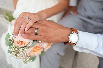 wedding, couple, man, woman, people, love, flower, bouquet, ring, watch, holding hands