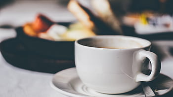 detailní, fotografie, bílý, keramický, šálek, káva, horký, napít se, espresso, pohár, podšálek