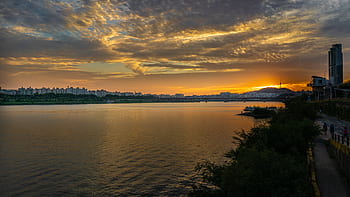 sunset, seoul, korea, orange, yellow, river, asia, city, buildings, duks, sky