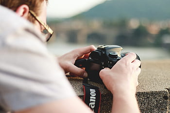 Einrichtung, Kanon, Kamera, dslr, Brille, Mann, Fotograf, Fotografie, Landschaft, Schuss, Foto
