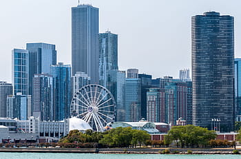 singapore flyer, navy pier, chicago skyline, river view, tall buildings, downtown, urban, city, lake michigan, architecture, shoreline