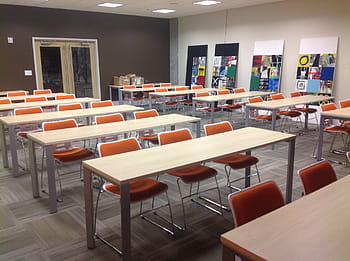 rectangular, brown, table, three, orange, chairs, conference, room, office