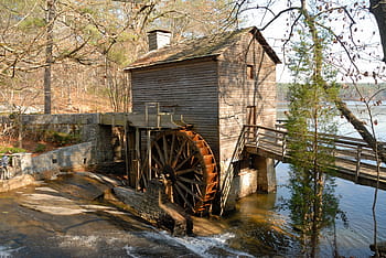 brown, wooden, watermill, bridge, tree, daytime, wooden bridge, grist mill, historic, mill, rural